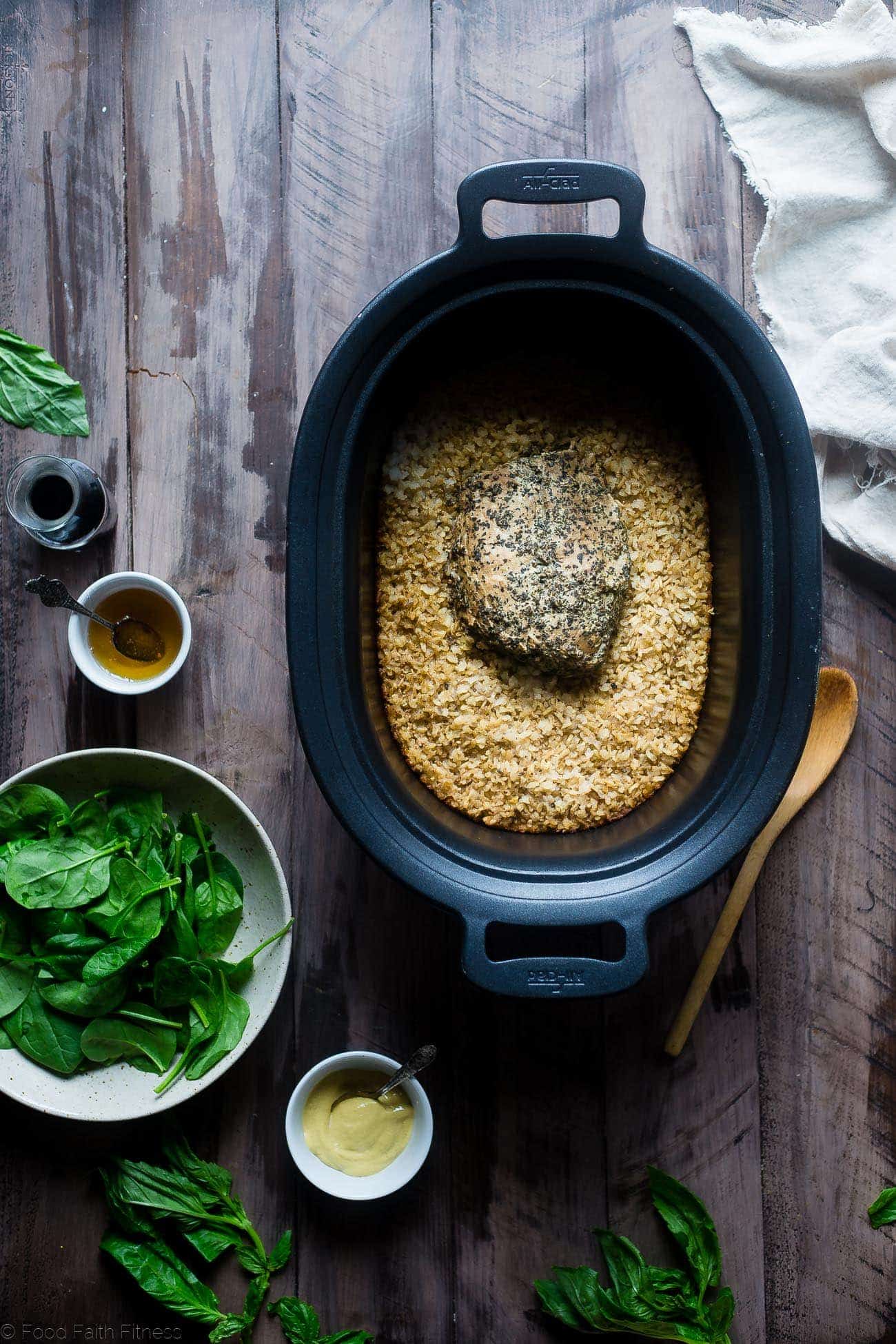 Slow Cooker Honey Mustard Pork and Rice - Let the slow cooker do the work for you with this healthy honey mustard slow cooker pork loin and rice that's gluten free, under 10 ingredients and so easy! | Foodfaithfitness.com | @FoodFaithFit