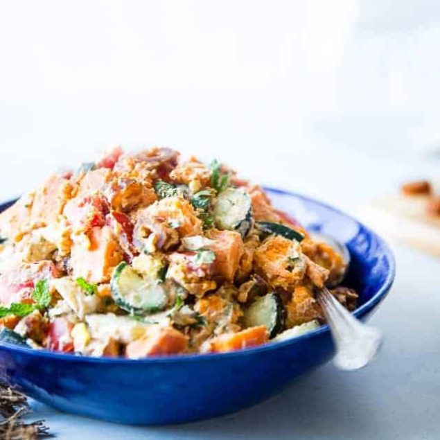 Whole30 Moroccan Sweet Potato Salad - This easy paleo Moroccan Sweet Potato Salad is loaded with the spicy-sweet flavor of the Middle-East! It's a healthy, dairy-free summer side dish with a vegan option! | Foodfaithfitness.com | @FoodFaithFit