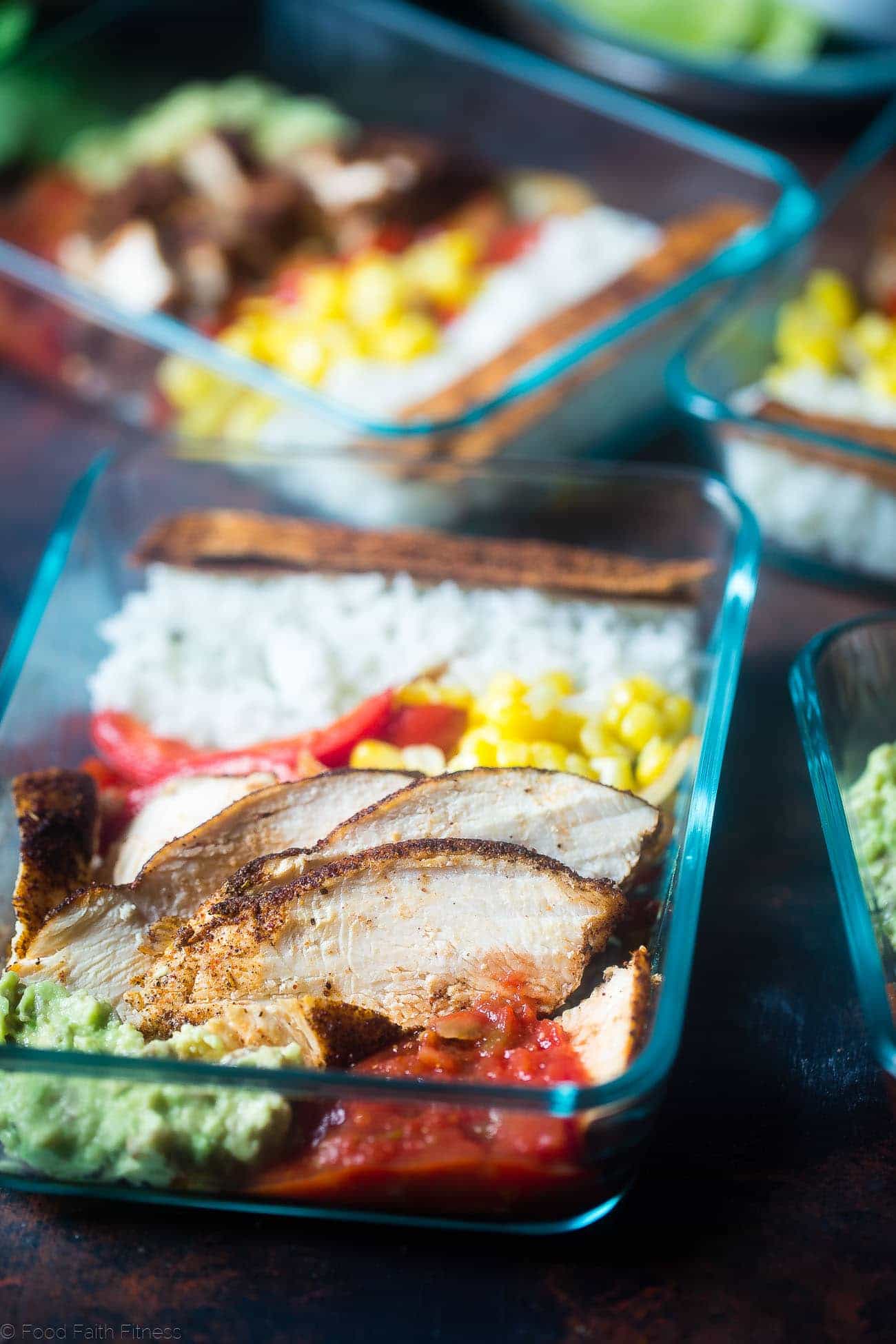 Meal Prep Chicken Burrito Bowls - This healthy, gluten free chicken burrito bowl recipe can be made ahead of time, so it's ready to go for busy days. It's an easy, dairy-free delicious desk lunch option! | Foodfaithfitness.com | @FoodFaithFit