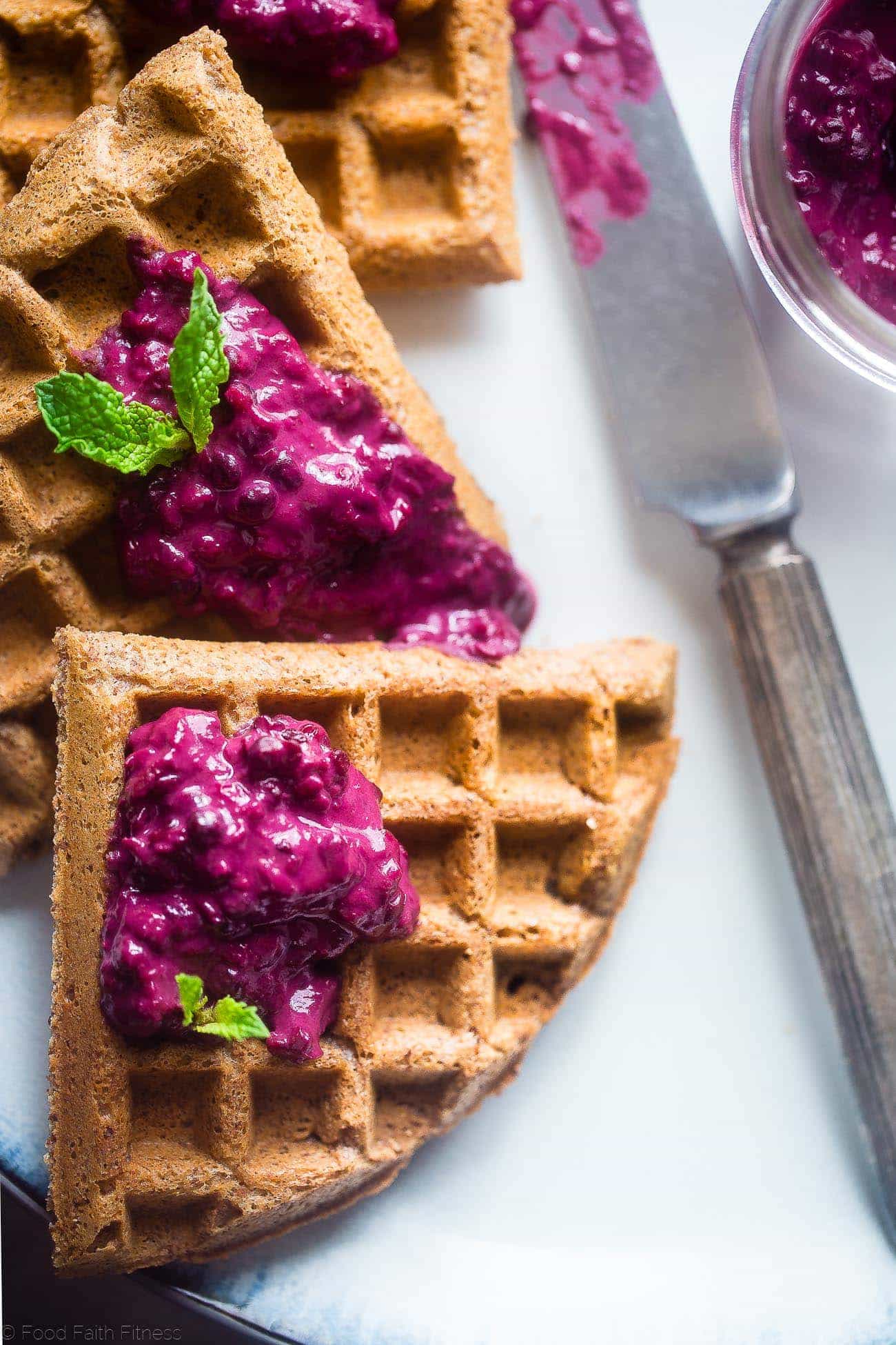 Single Serve Vegan Protein Waffles - These gluten free waffles are ready in only 10 minutes and are packed with healthy, plant-based protein! Top them with blackberry sauce for a delicious breakfast! | Foodfaithfitness.com | @FoodFaithFit