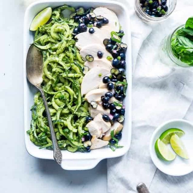 Blueberry Honey Lime Chicken with Avocado Pesto Cucumber Noodles - A light and healthy, gluten free and paleo friendly spring dinner that everyone will love! So easy to prepare! | Foodfaithfitness.com | @FoodFaithFit