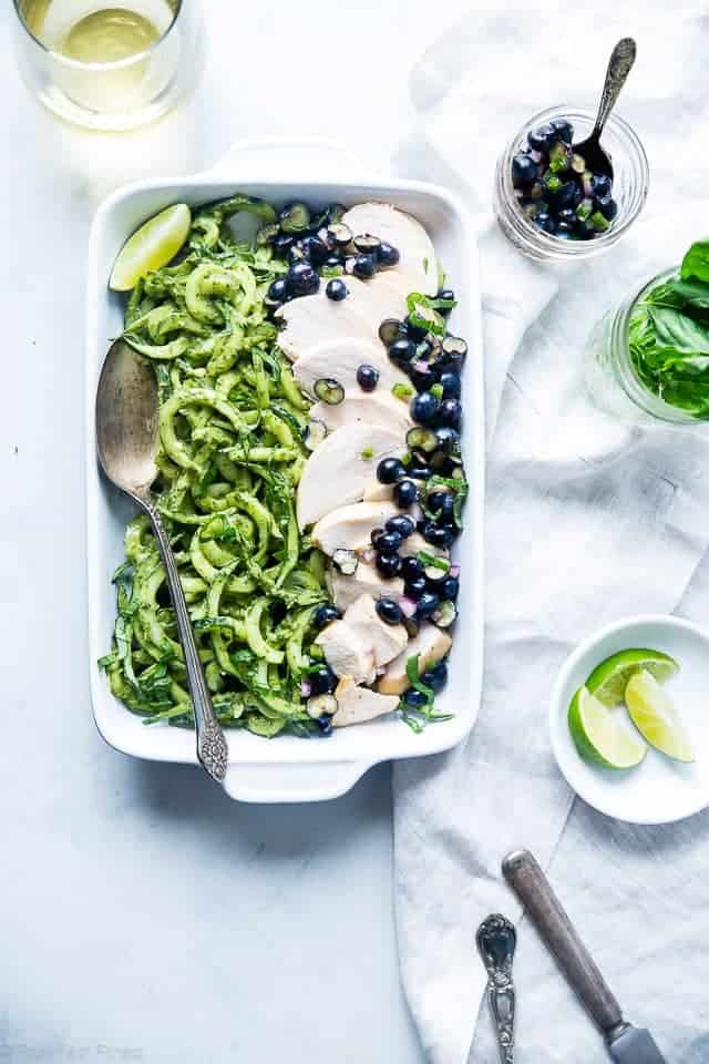Blueberry Honey-Lime Chicken With Avocado Pesto Cucumber Noodles