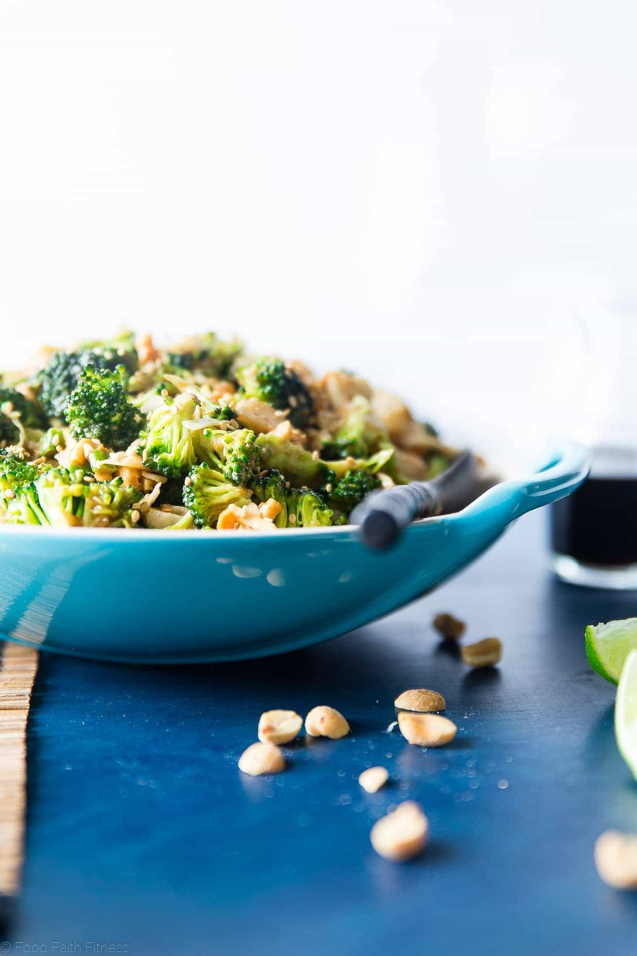 Asian Healthy Broccoli Salad - This crowd-pleasing healthy broccoli salad is a no-cook side dish, loaded with creamy peanut sauce! It's quick and easy, gluten free and vegan with a paleo option! | Foodfaithfitness.com | @FoodFaithFit