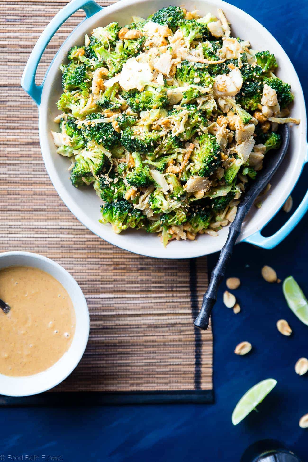 Asian Healthy Broccoli Salad - This crowd-pleasing healthy broccoli salad is a no-cook side dish, loaded with creamy peanut sauce! It's quick and easy, gluten free and vegan with a paleo option! | Foodfaithfitness.com | @FoodFaithFit