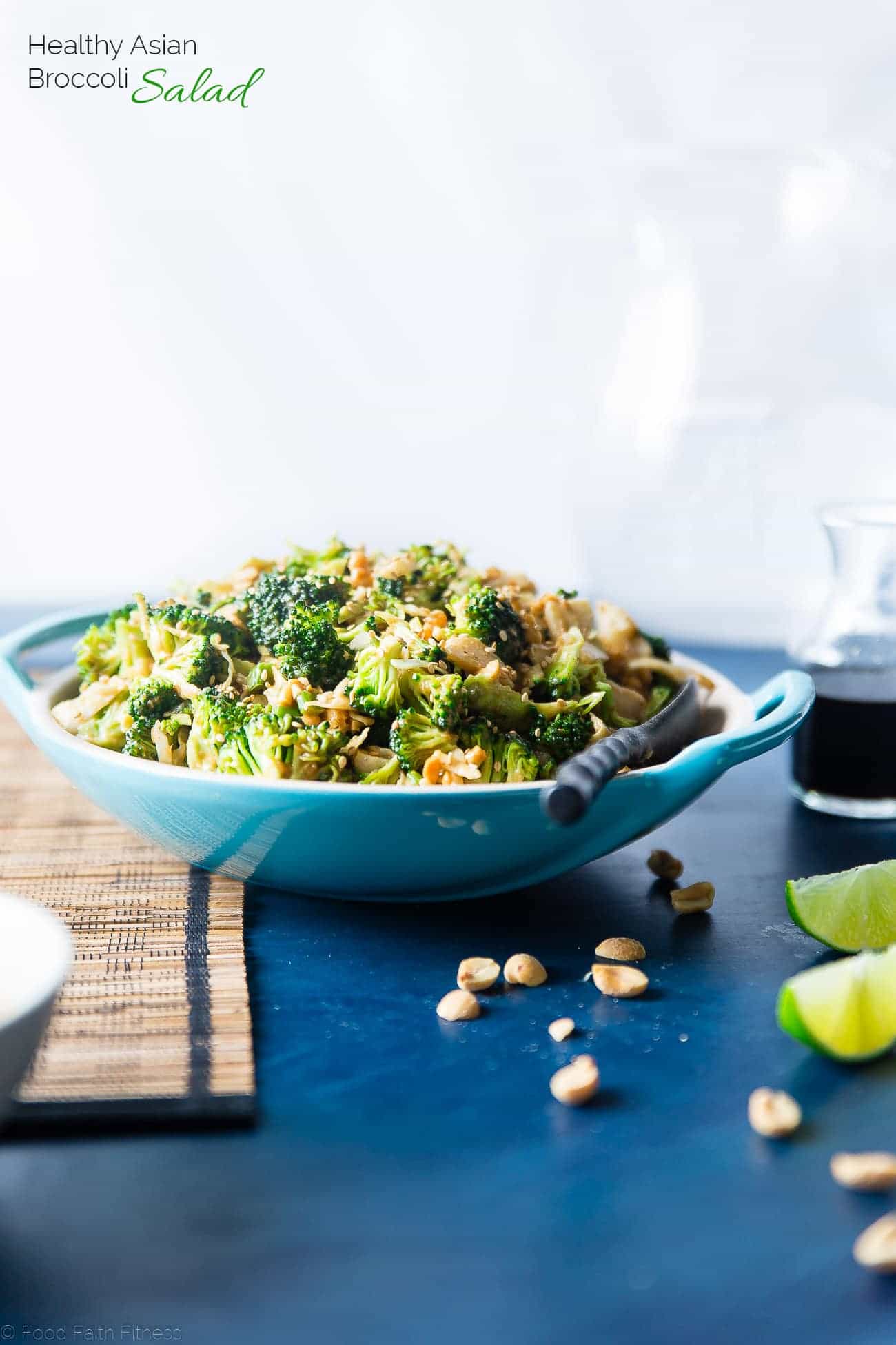 Asian Healthy Broccoli Salad - This crowd-pleasing healthy broccoli salad is a no-cook side dish, loaded with creamy peanut sauce! It's quick and easy, gluten free and vegan with a paleo option! | Foodfaithfitness.com | @FoodFaithFit