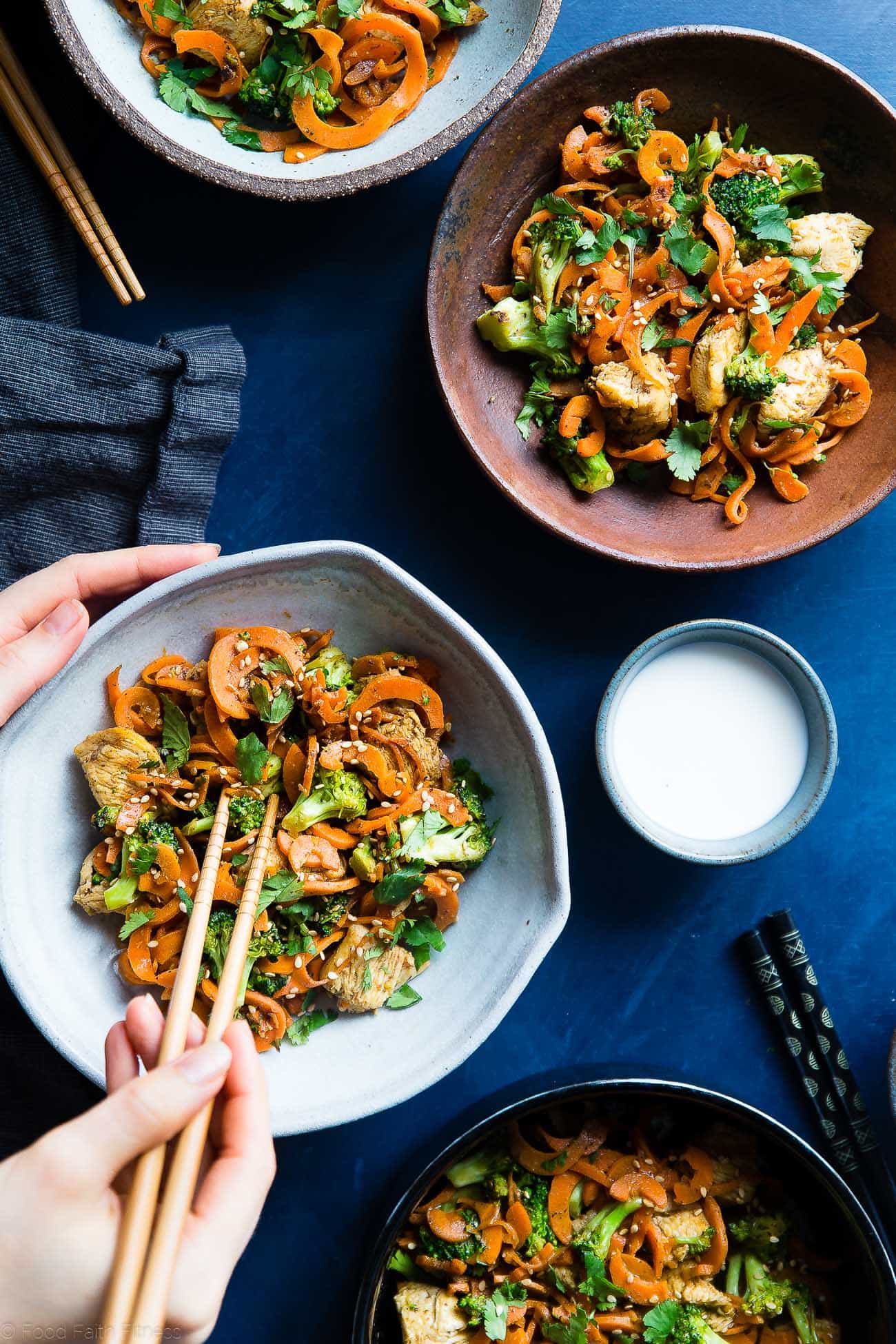 Whole30 Chicken Stir Fry with Cumin Coconut Carrot Noodles - This gluten free, low carb chicken stir fry has creamy coconut, coriander and cardamom! Add broccoli and carrot noodles for a quick and easy, paleo weeknight dinner! | Foodfaithfitness.com | @FoodFaithFit