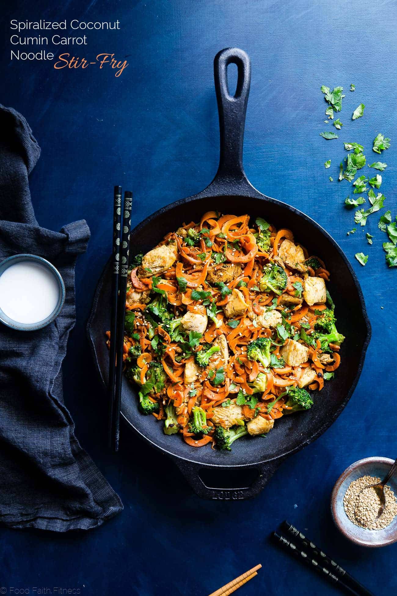 Whole30 Chicken Stir Fry with Cumin Coconut Carrot Noodles - This gluten free, low carb chicken stir fry has creamy coconut, coriander and cardamom! Add broccoli and carrot noodles for a quick and easy, paleo weeknight dinner! | Foodfaithfitness.com | @FoodFaithFit