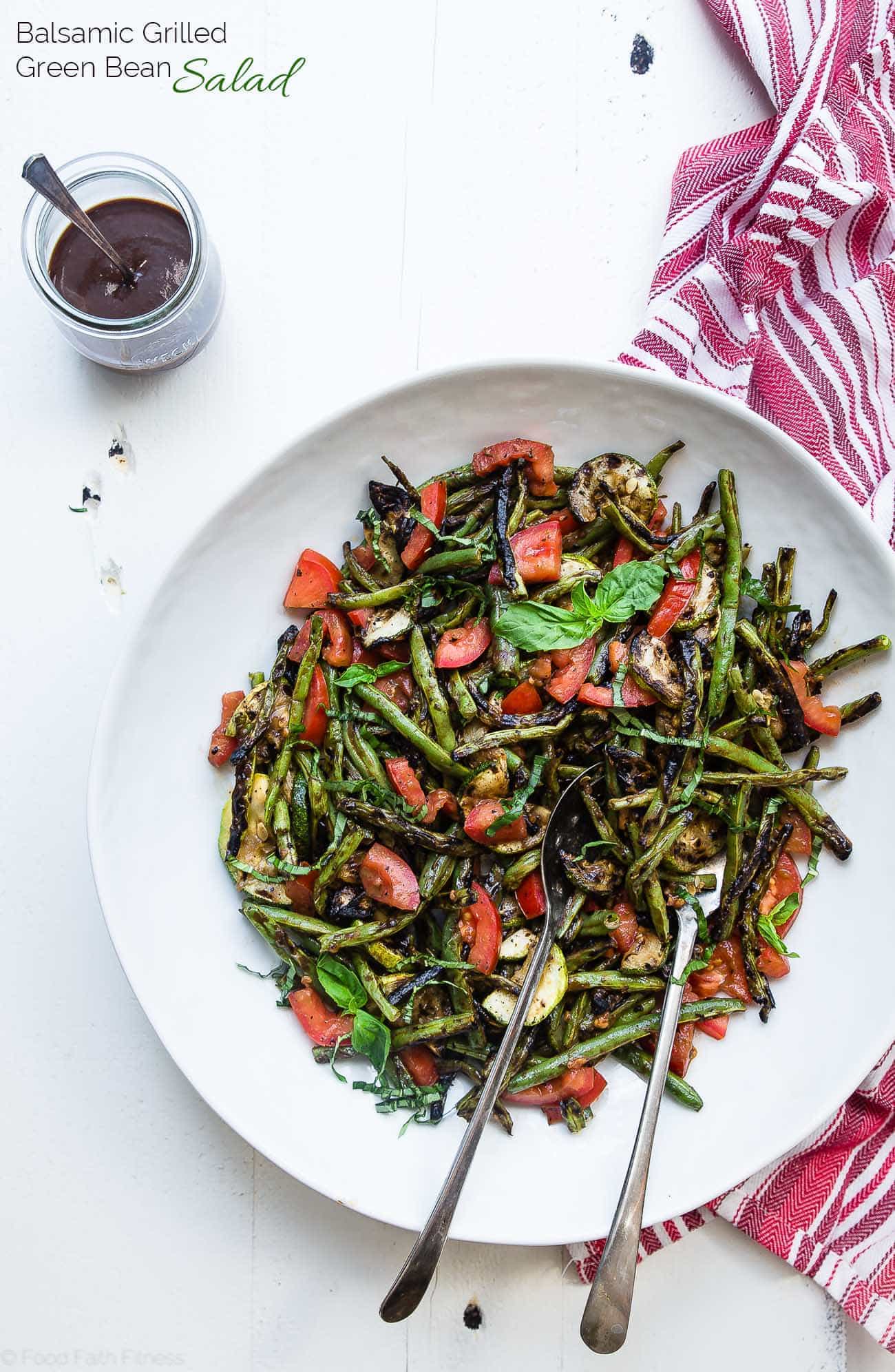Grilled zucchini and green bean salad overhead in a bowl. Recipe on Foodfaithfitness.com