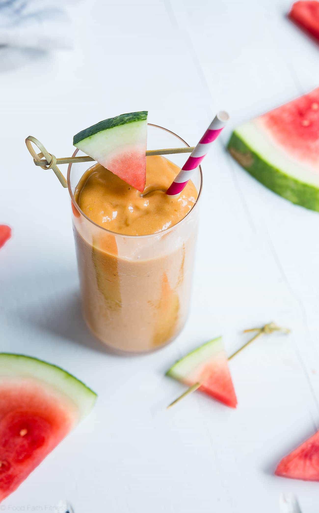 Watermelon Mango Avocado Smoothie - This healthy 4 ingredient smoothie is an easy, vegan, paleo and whole30 compliant summer breakfast or snack that is ready in 5 minutes! | Foodfaithfitness.com | @FoodFaithfit