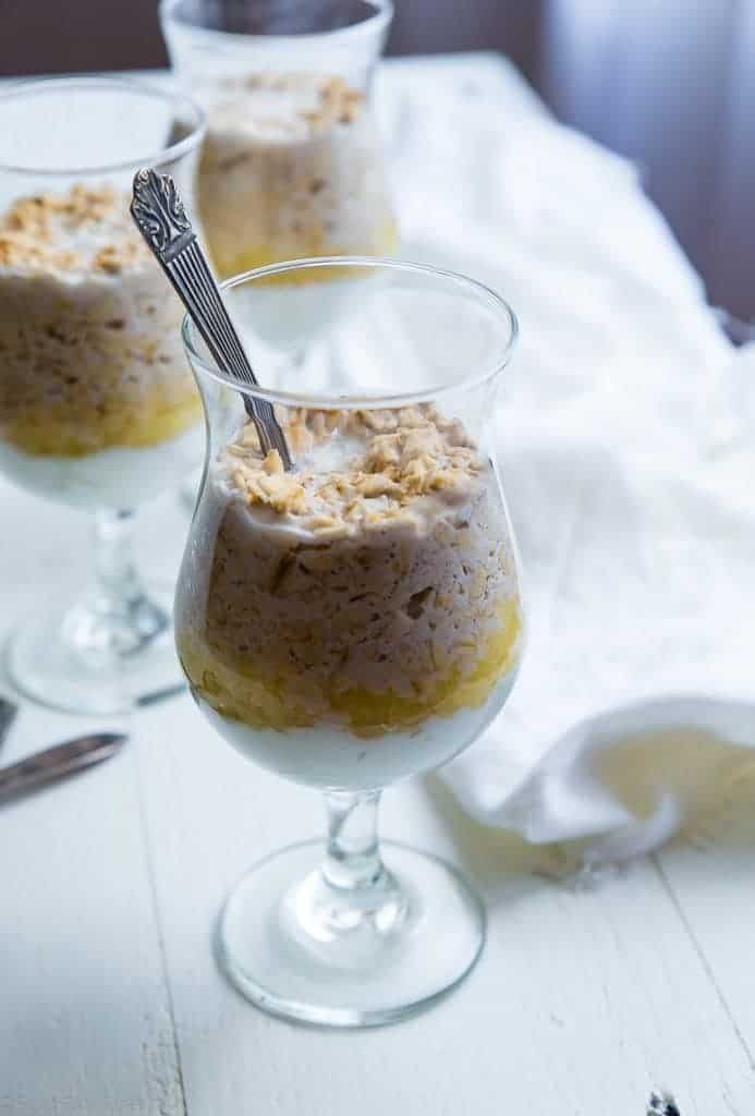 far-away shot of Pina Colada Overnight Oats. Recipe on Foodfaithfitness.com