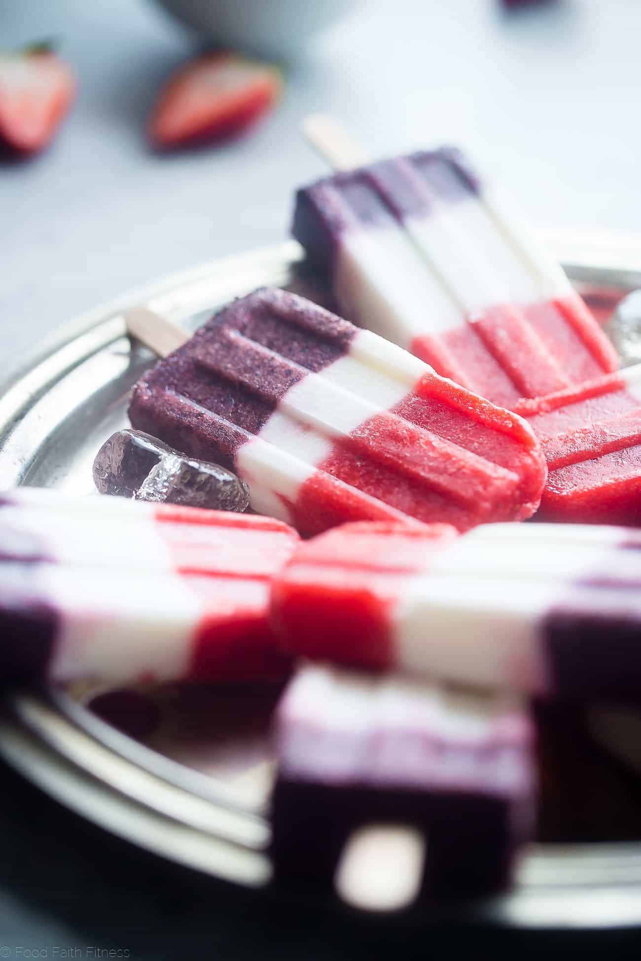 Vegan Red, White and Blue Popsicles - These healthy and dairy free coconut popsicles are a gluten free, patriotic summer treat that are only 4 ingredients and 110 calories! Perfect for July 4th! | Foodfaithfitness.com | @FoodFaithFit