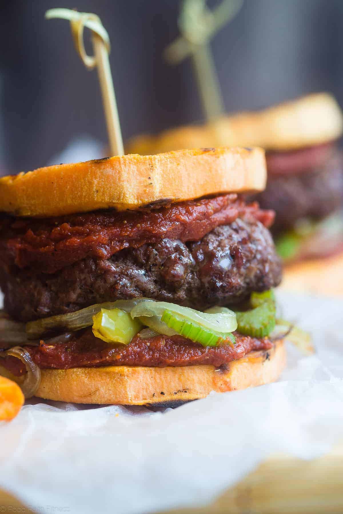 Healthy Cajun Burgers - These crowd-pleasing burgers use grilled sweet potatoes buns instead of bread! They're a healthy, whole30, gluten and dairy free summer meal for only 300 calories! | #Foodfaithfitness | #glutenfree #paleo #whole30 #healthy sweet potato buns close up side view
