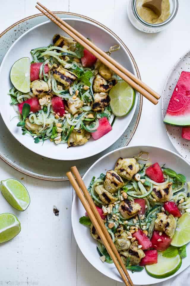 Green Cashew Curry Chicken Bowls With Watermelon