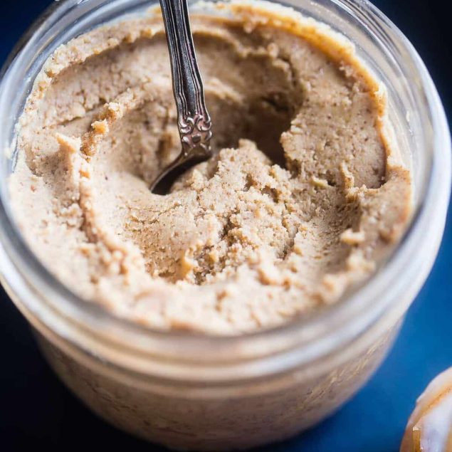Jar full of homemade cashew butter. Recipe on Foodfaithfitness.com