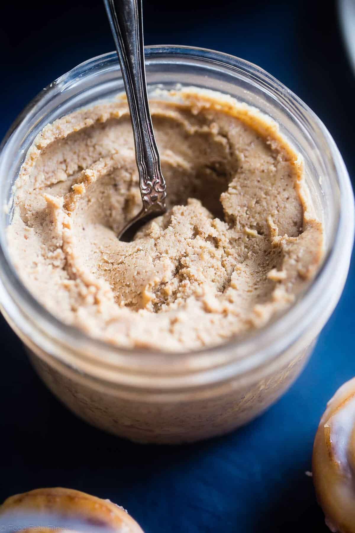 Jar full of homemade cashew butter. Recipe on Foodfaithfitness.com