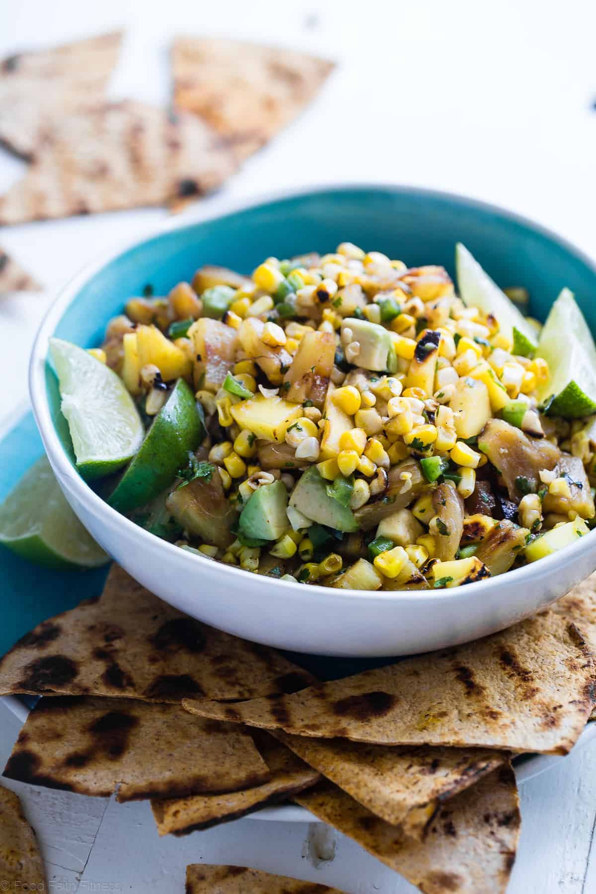 close up view of pineapple mango salsa in a bowl