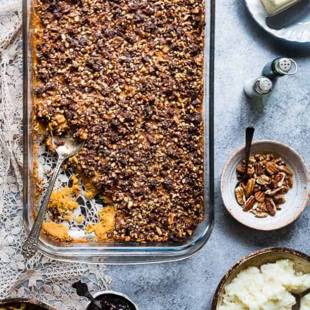 Paleo Easy Healthy Sweet Potato Casserole with Pecan Topping - the best side dish for Thanksgiving! No one will believe it's vegan friendly, whole30 compliant and gluten/grain/dairy/sugar AND egg free! | Foodfaithfitness.com | @FoodFaithFit