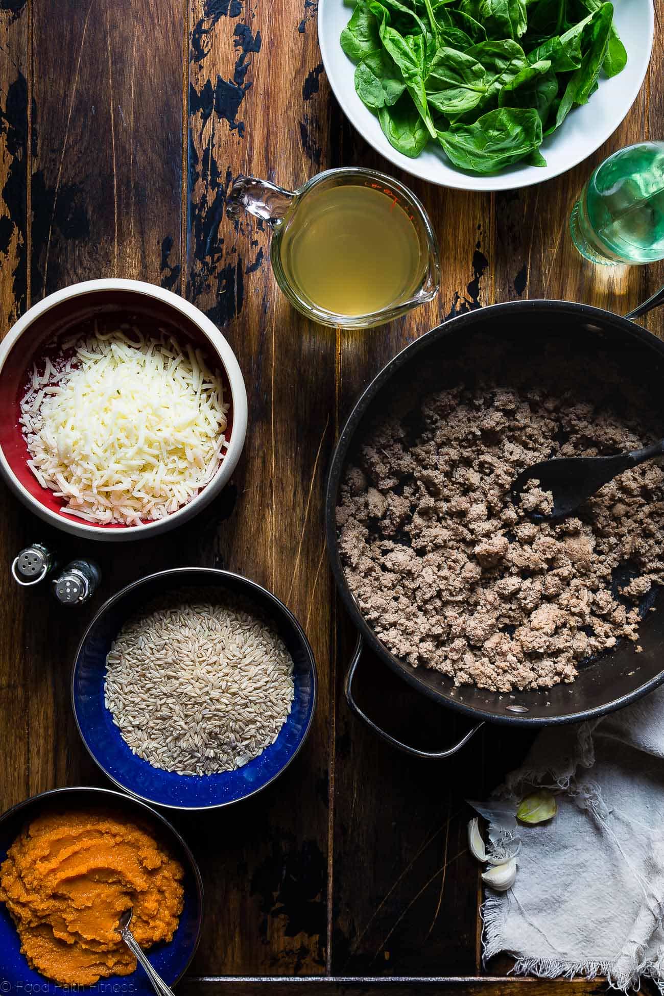 One Pot Pumpkin Rice Casserole - This rice casserole only requires one pot, under 10 ingredients and has lots of cheesy, pumpkin taste! It's an easy, gluten free, healthy fall dinner that is sure to be a crowd pleaser! | Foodfaithfitness.com | @FoodFaithFit