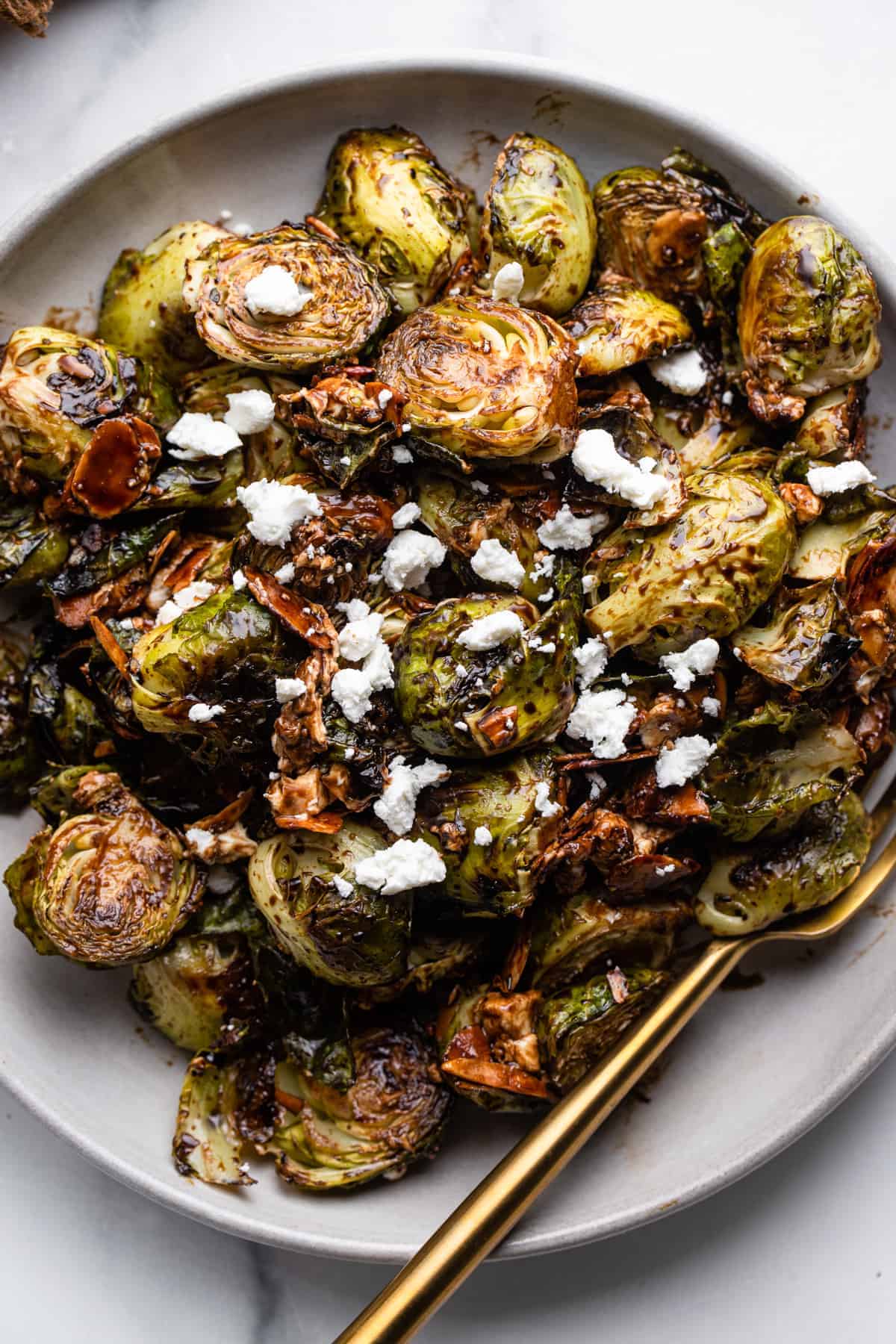 Oven Balsamic Roasted Brussels Sprouts with Goat Cheese 