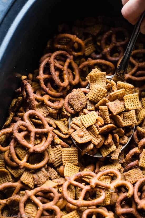 Hickory Honey Mustard Homemade Crock Pot Chex Mix - This dairy and gluten free Chex Mix is made in the slow cooker so it's super easy and hands off! It's got addicting smoky sweet flavors and is perfect for parties or movie nights! | Foodfaithfitness.com | @FoodFaithFit