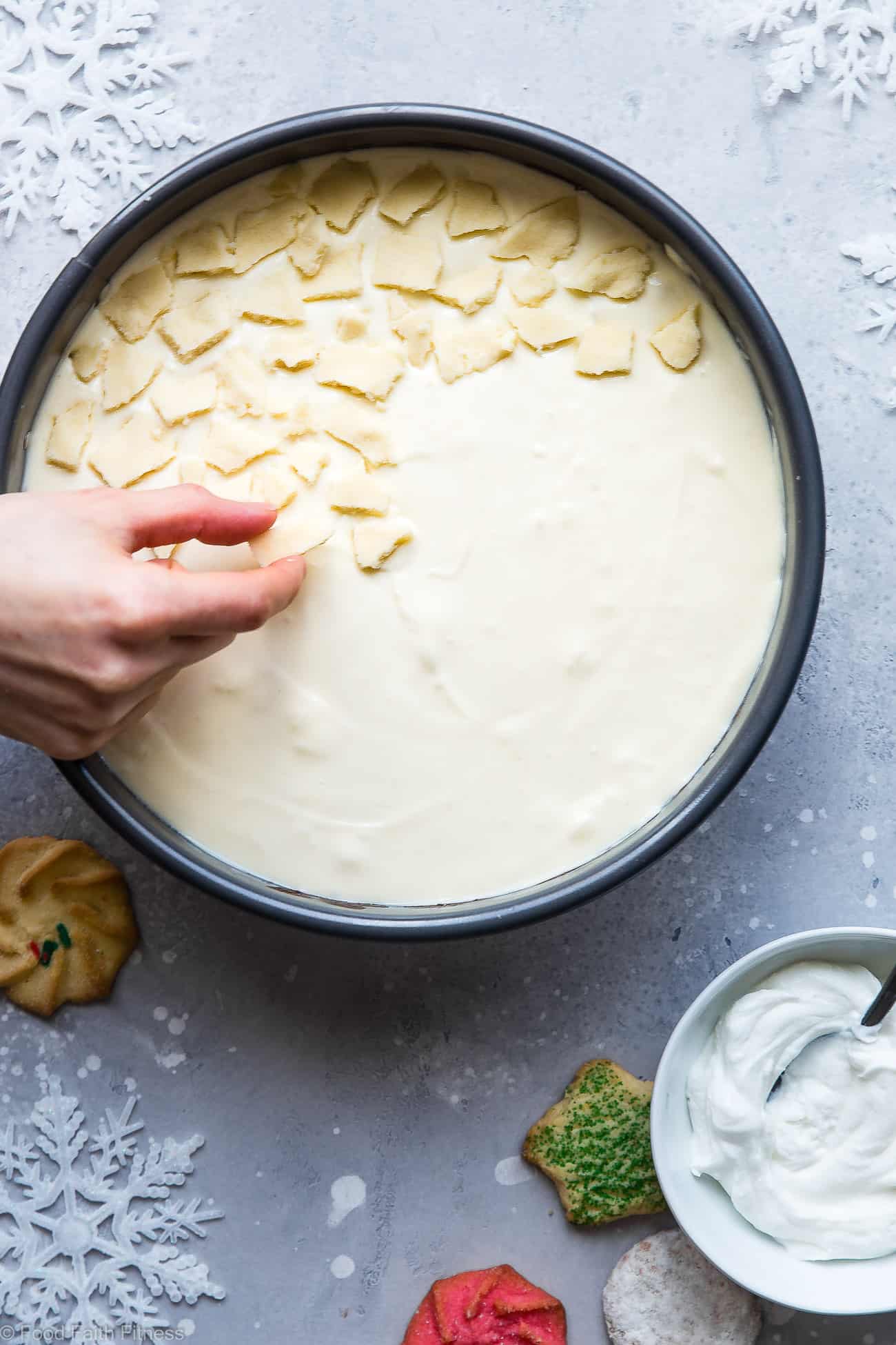 Greek Yogurt sugar cookie Gluten -free cottage cheese cake - this healthy Greek yogurt cottage cheese is an easy dessert that combines 2 holiday delicacies! It is so creamy that you will not believe it is healthy, without sugar and only 235 calories! | Foodfaithfitlness.com | @Foodfaithfit