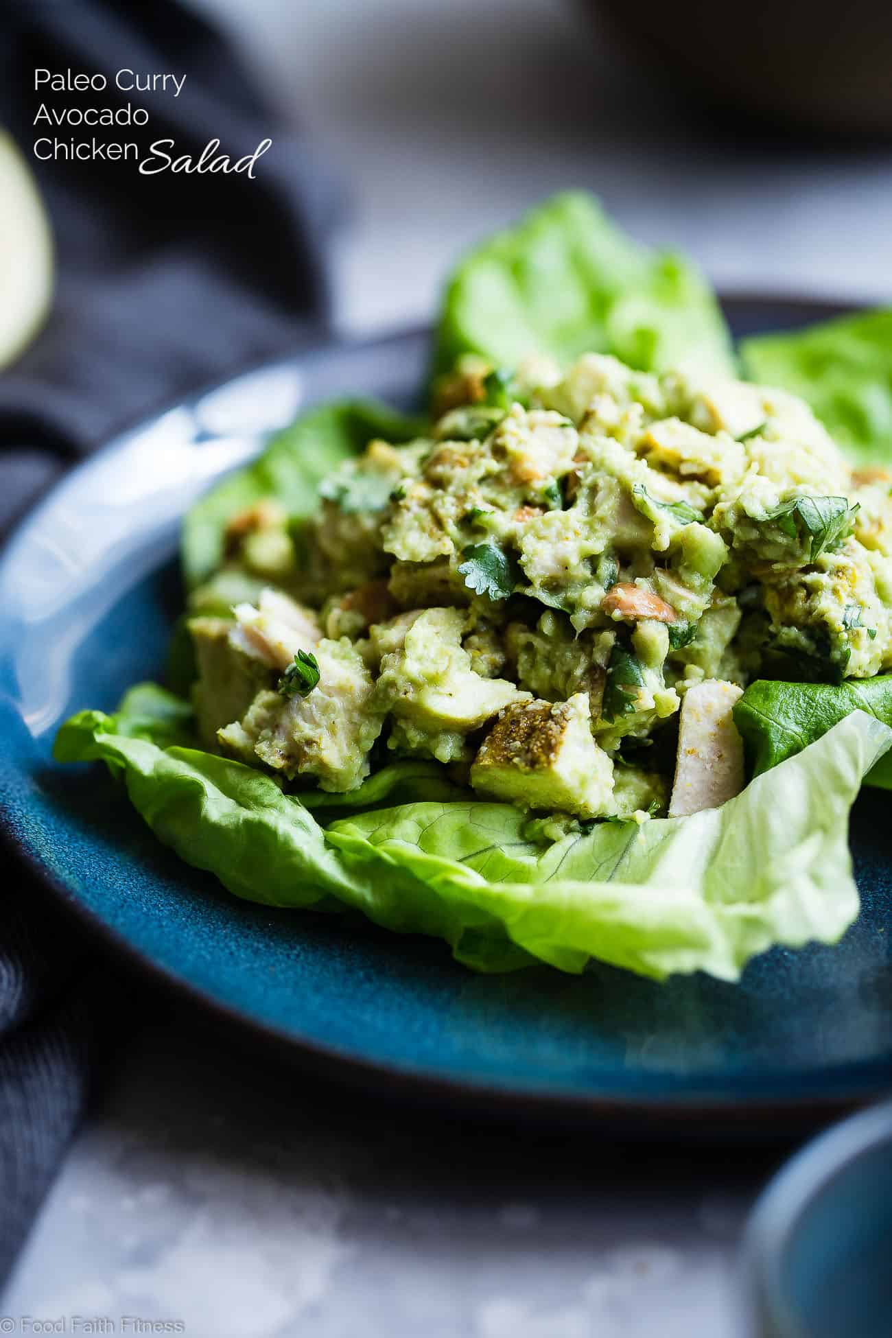 Curried Paleo Chicken Salad - This quick and easy dairy free paleo chicken salad is a low carb, keto friendly,  gluten free and whole30 compliant lunch, that is under 350 calorie, with a spicy curry kick! So creamy and delicious and great for meal prep! | Foodfaithfitness.com | @FoodFaithFit