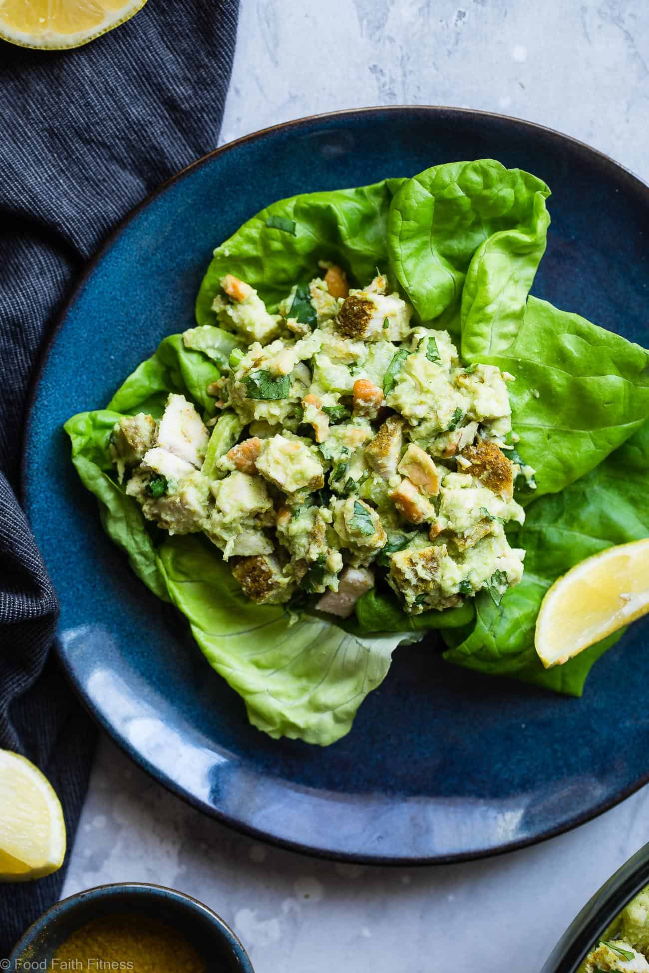 Curried Paleo Chicken Salad - This quick and easy dairy free paleo chicken salad is a low carb, keto friendly,  gluten free and whole30 compliant lunch, that is under 350 calorie, with a spicy curry kick! So creamy and delicious and great for meal prep! | Foodfaithfitness.com | @FoodFaithFit