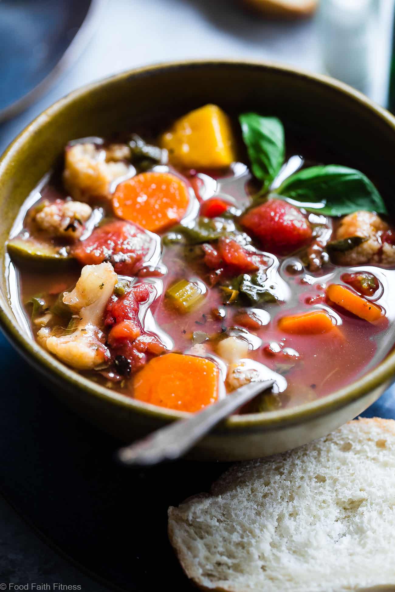 Easy Homemade Crockpot Vegetable Soup - Let the crockpot do the work for you with this recipe for vegetable soup that is a whole30, paleo and vegan dinner with only 1 SmartPoint and 85 calories! A family friendly dinner for busy weeknights that will please the pickiest of eaters! | Foodfaithfitness.com | @FoodFaithFit