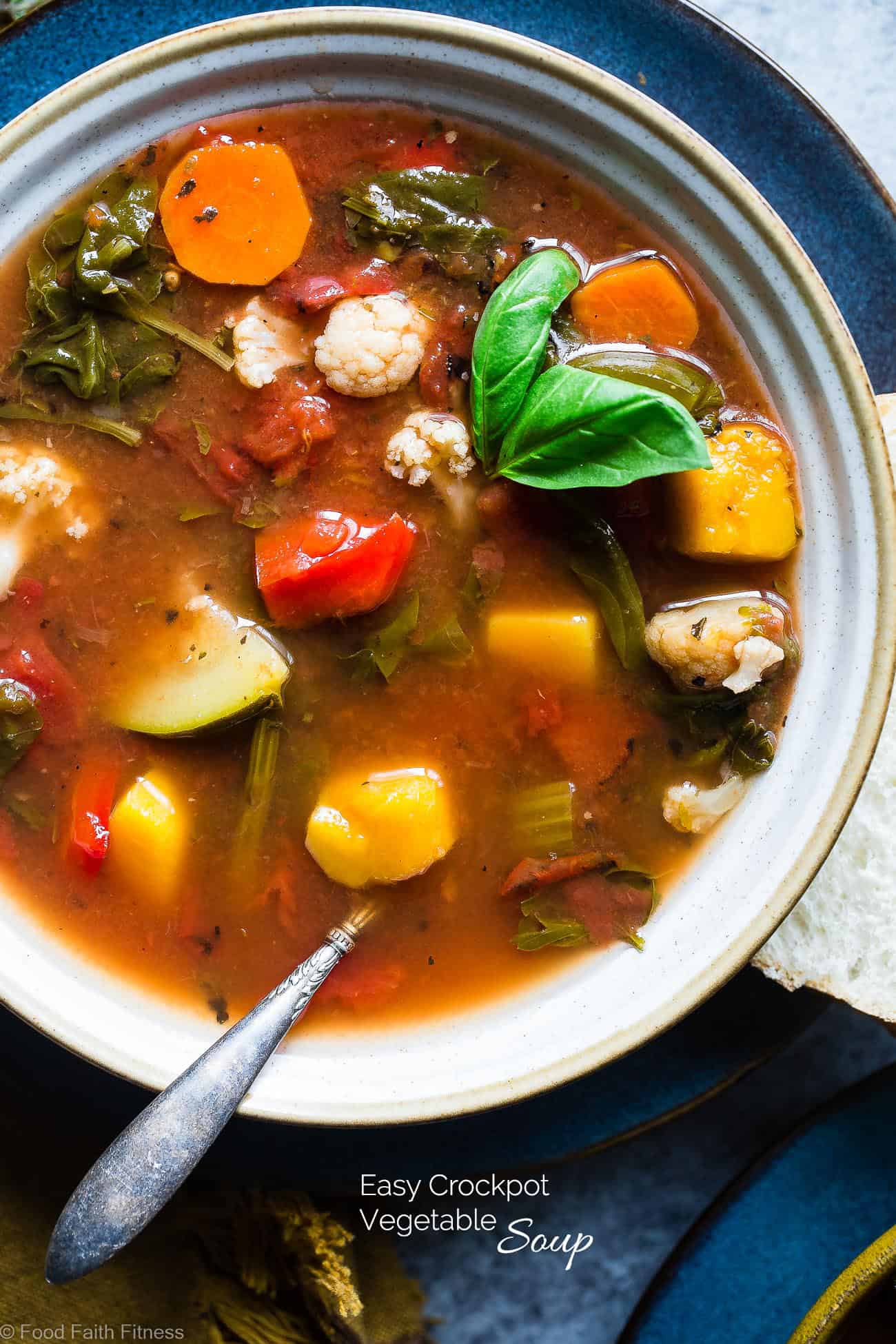 Easy Homemade Crockpot Vegetable Soup - Let the crockpot do the work for you with this simple soup that is a whole30, paleo and vegan dinner with only 1 SmartPoint and 85 calories! A family friendly dinner for busy weeknights that will please the pickiest of eaters! | Foodfaithfitness.com | @FoodFaithFit