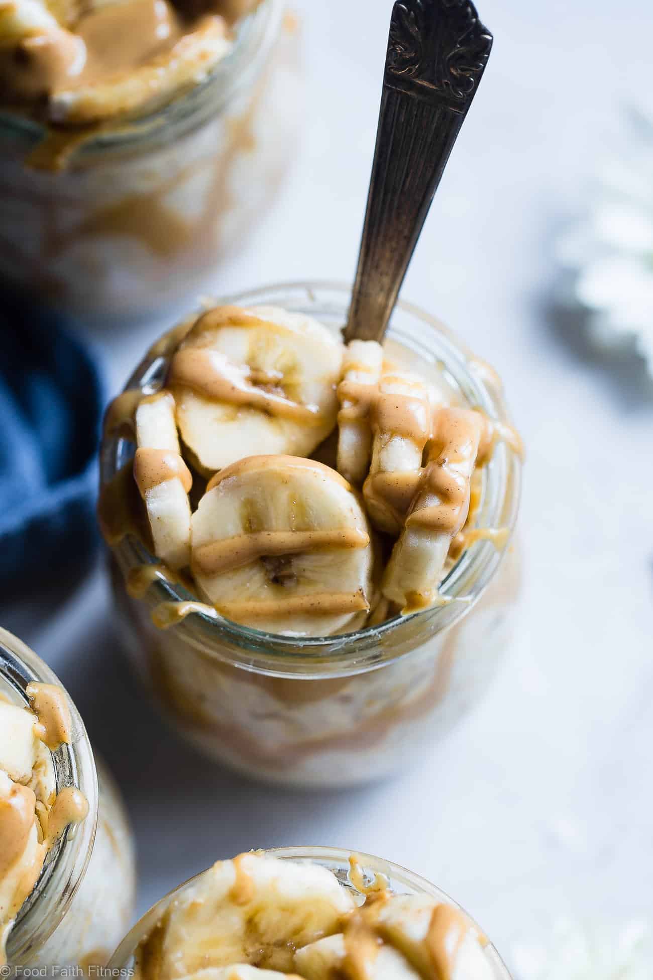 Banana Peanut Butter Overnight Oats - This make ahead, vegan overnight oats recipe is a healthy, 4 ingredient way to start the day! dairy, sugar and, gluten free and kid friendly too! | Foodfaithfitness.com | @FoodFaithFit