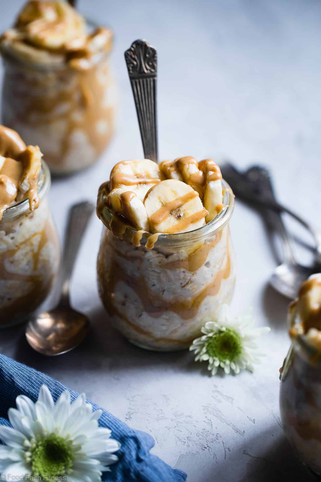 Banana Overnight Peanut Butter Oats - This make ahead, vegan overnight oats recipe is a healthy, 4 ingredient way to start the day! dairy, sugar and, gluten free and kid friendly too! | Foodfaithfitness.com | @FoodFaithFit