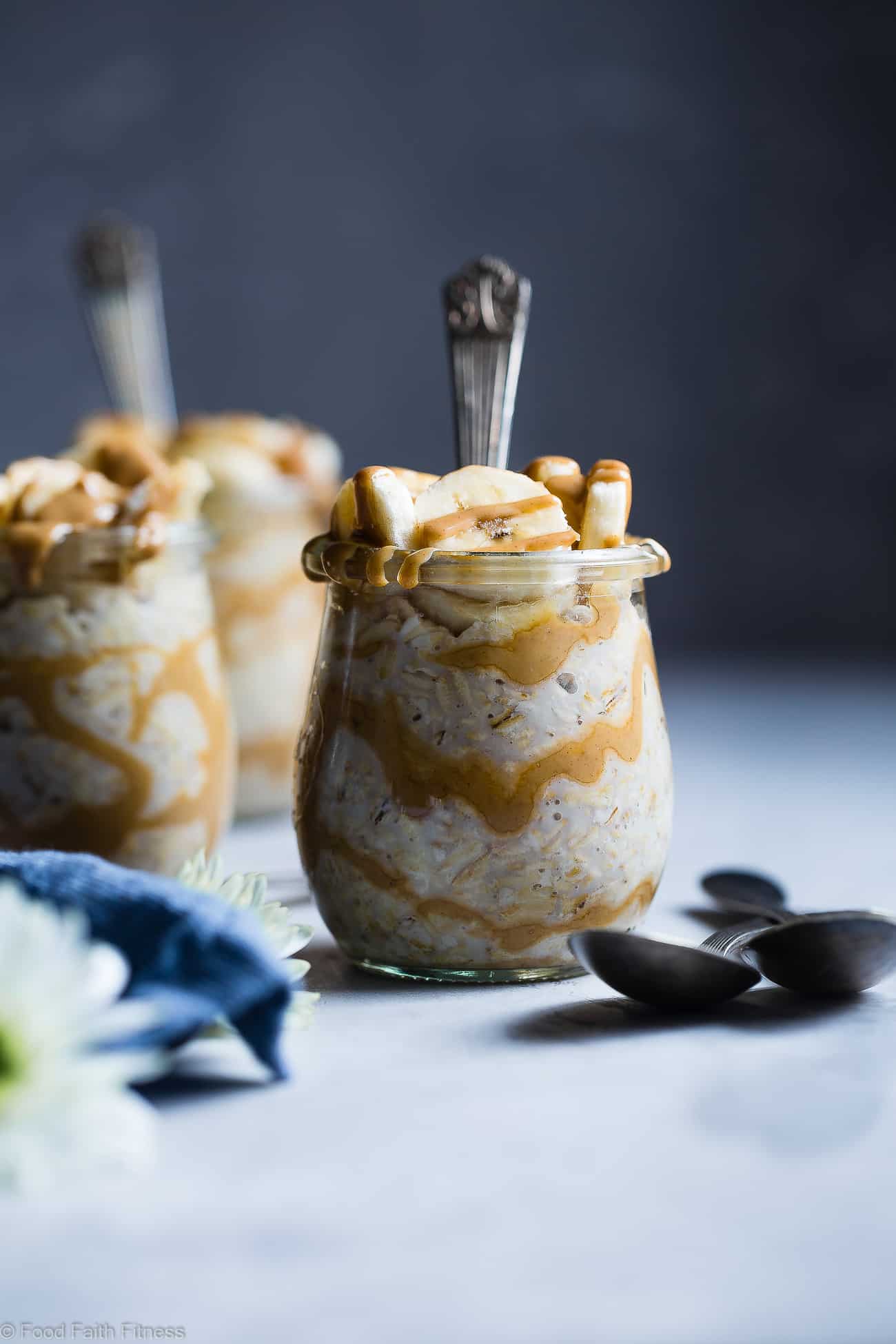 Banana Peanut Butter Overnight Oats Recipe with Almond Milk - This make ahead, vegan banana overnight oats recipe is a healthy, 4 ingredient way to start the day! dairy, sugar and, gluten free and kid friendly too! | Foodfaithfitness.com | @FoodFaithFit