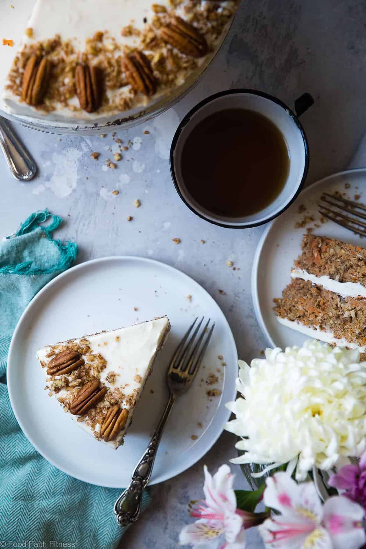 Healthy Gluten Free Sugar Free Carrot Cake - this healthy, sugar free carrot cake is SO moist and tender, you'll never know it's gluten, oil and butter free, made with Greek yogurt, only 170 calories and 5 WW Freestyle points! Perfect for Easter! | #Foodfaithfitness | #Lowcarb #sugarfree #glutenfree #carrotcake #easter