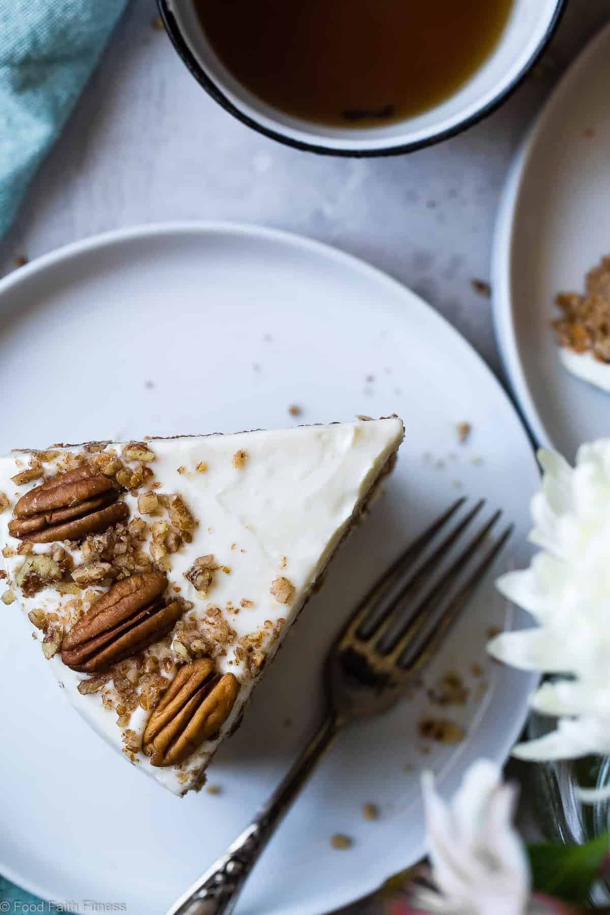 Low Carb Sugar Free Carrot Cake - this healthy, sugar free carrot cake is SO moist and tender, you'll never know it's gluten, oil and butter free, made with Greek yogurt, only 170 calories and 5 WW Freestyle points! Perfect for Easter! | #Foodfaithfitness | #Lowcarb #sugarfree #glutenfree #carrotcake #easter