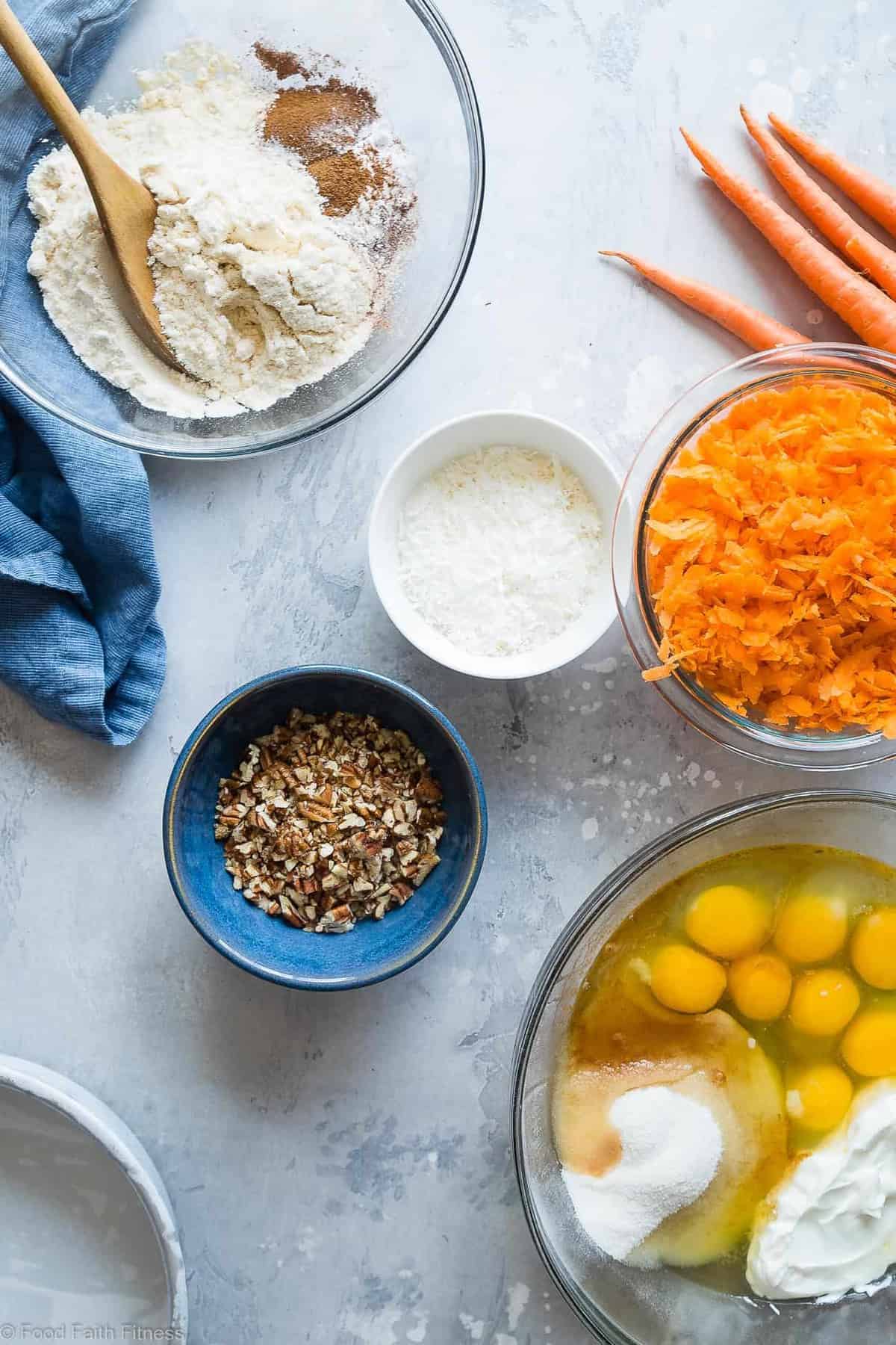 Healthy Gluten Free Sugar Free Carrot Cake - this healthy, sugar free carrot cake is SO moist and tender, you'll never know it's gluten, oil and butter free, made with Greek yogurt, only 170 calories and 5 WW Freestyle points! Perfect for Easter! | #Foodfaithfitness | #Lowcarb #sugarfree #glutenfree #carrotcake #easter