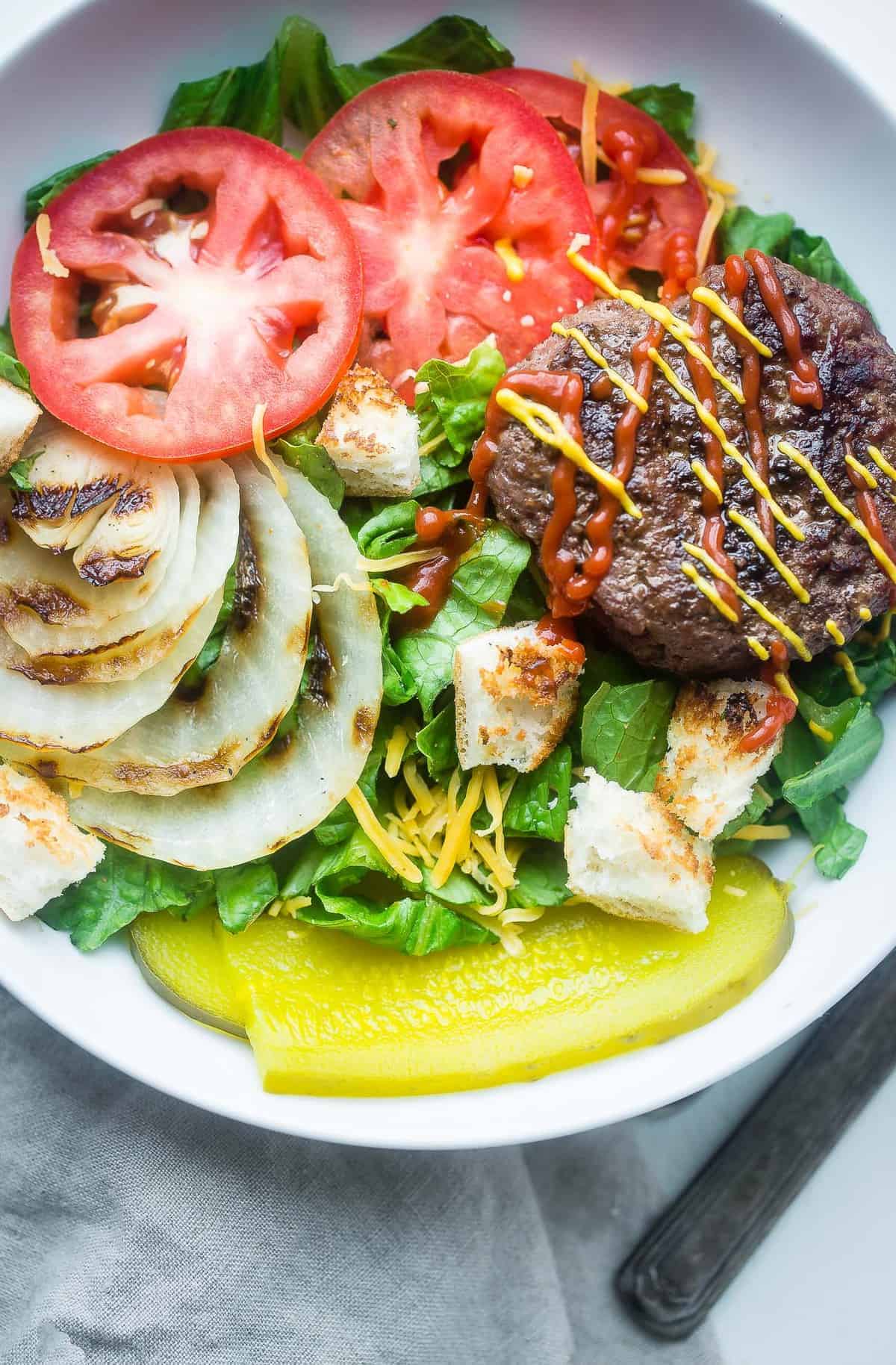 close up of Cheeseburger bowl with toppings