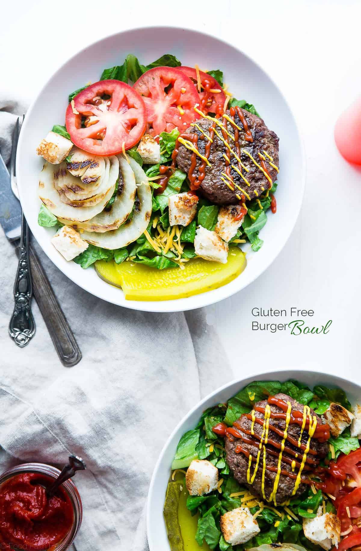 Healthy Burger In A Bowl - This gluten free, Healthy Burger in a Bowl are a lighter way to get your burger fix! They're a crowd pleasing meal that even picky eaters will love! | #Foodfaithfitness | #glutenfree #healthy #dairyfree #grilling Burger bowl recipe on a table with fork and knife
