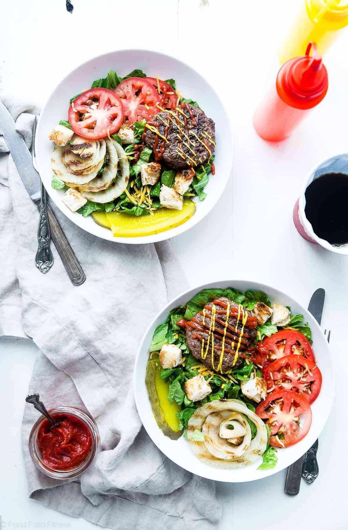 Healthy Burger In A Bowl - This gluten free, Healthy Burger in a Bowl are a lighter way to get your burger fix! They're a crowd pleasing meal that even picky eaters will love! | #Foodfaithfitness | #glutenfree #healthy #dairyfree #grilling Hamburger bowl overview with sauce