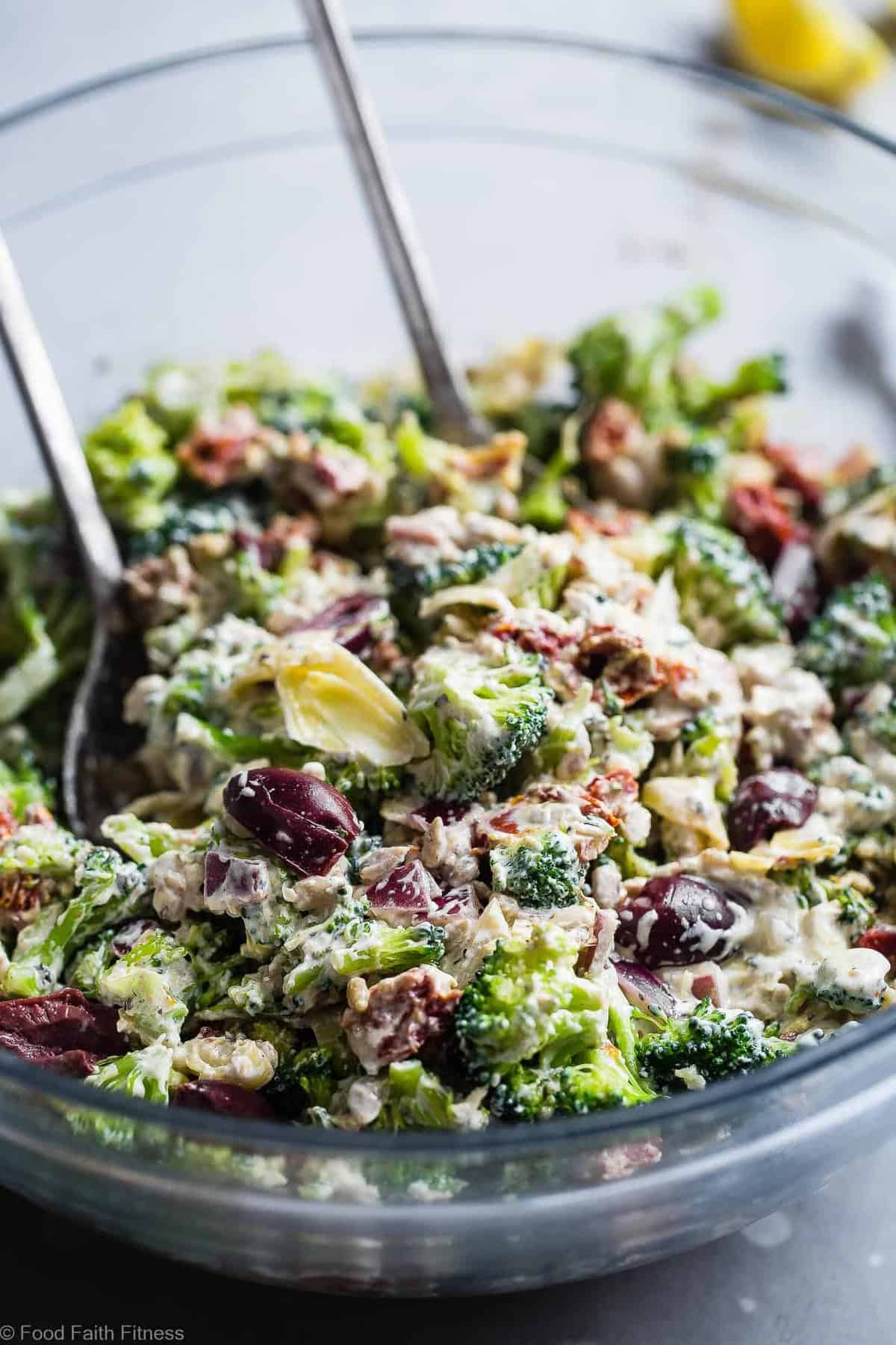 Low Carb Mediterranean Broccoli Salad - This Low Carb Broccoli Salad, with a Greek twist, is a super easy, healthy and protein packed side dish for dinner or a potluck! It's made with Greek yogurt and you won't even miss the mayo! | #Foodfaithfitness | #Lowcarb #Keto #Glutenfree #Healthy