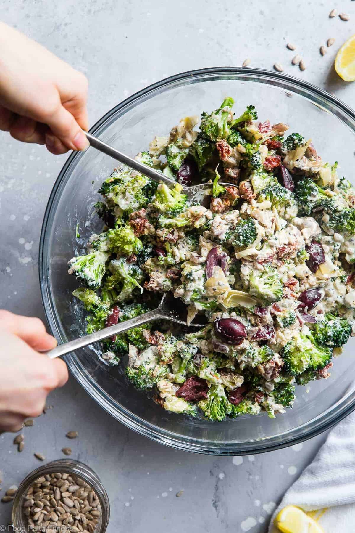 Mediterranean Low Carb Broccoli Salad - This Low Carb Broccoli Salad, with a Greek twist, is a super easy, healthy and protein packed side dish for dinner or a potluck! It's made with Greek yogurt and you won't even miss the mayo! | #Foodfaithfitness | #Lowcarb #Keto #Glutenfree #Healthy