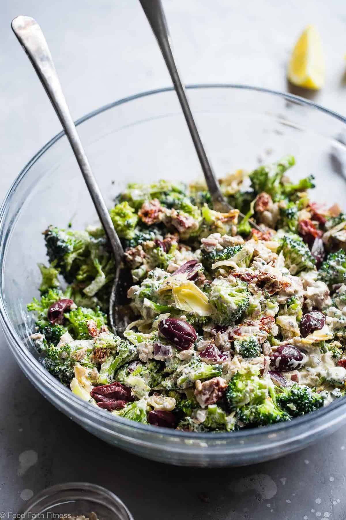 Low Carb Mediterranean Broccoli Salad - This Low Carb Broccoli Salad, with a Greek twist, is a super easy, healthy and protein packed side dish for dinner or a potluck! It's made with Greek yogurt and you won't even miss the mayo! | #Foodfaithfitness | #Lowcarb #Keto #Glutenfree #Healthy
