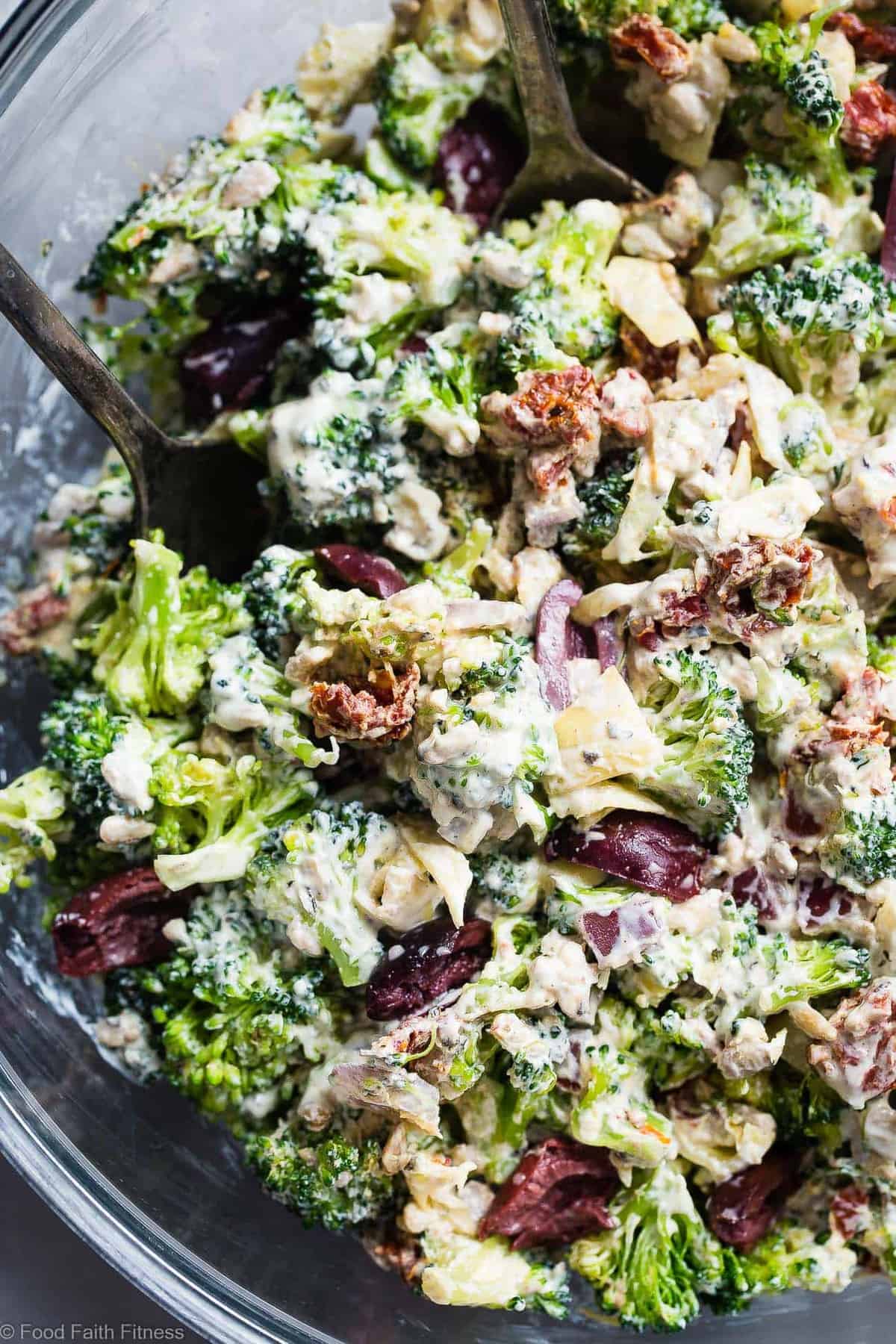 Mediterranean Low Carb Broccoli Salad - This Low Carb Broccoli Salad, with a Greek twist, is a super easy, healthy and protein packed side dish for dinner or a potluck! It's made with Greek yogurt and you won't even miss the mayo! | #Foodfaithfitness | #Lowcarb #Keto #Glutenfree #Healthy