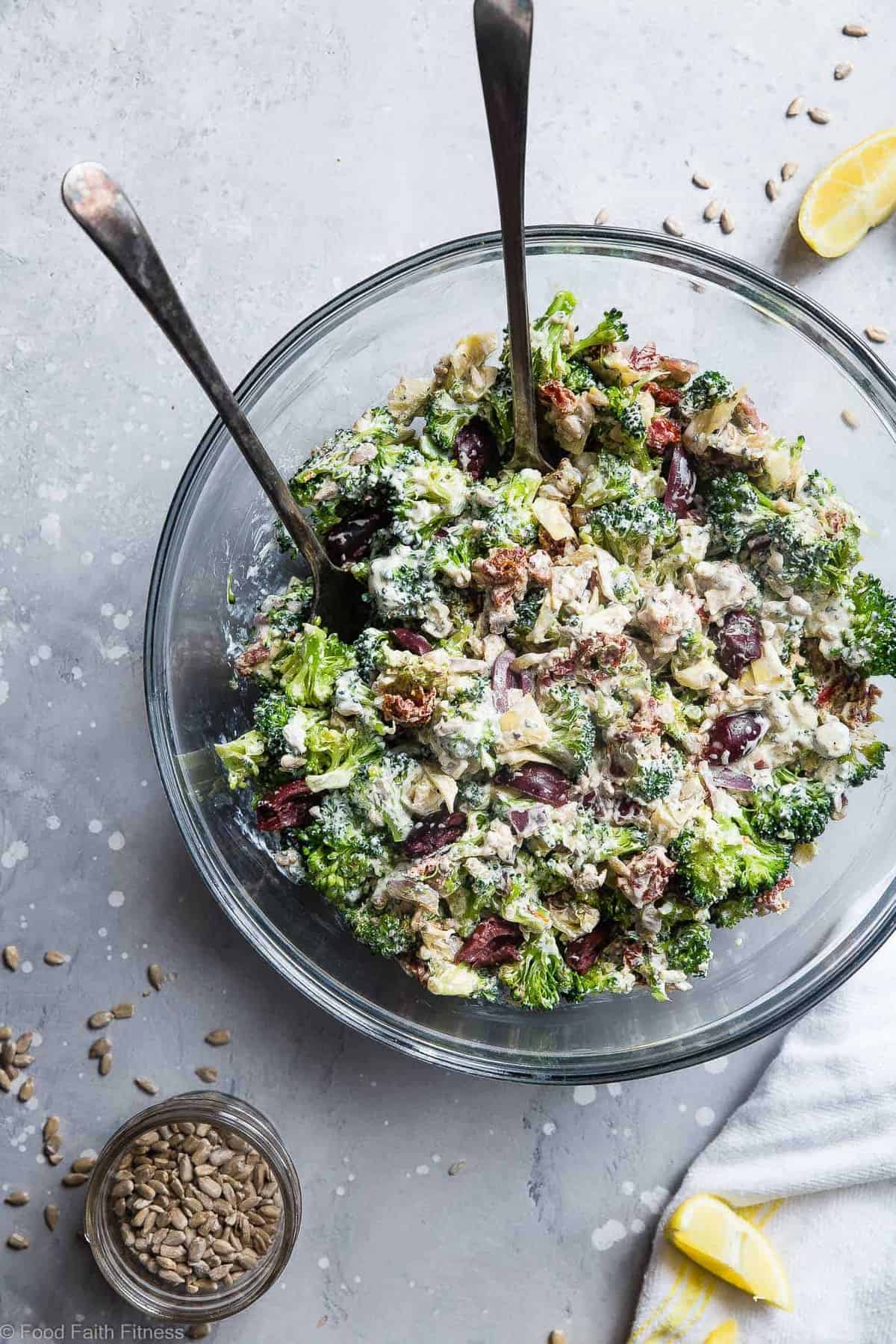 Low Carb Mediterranean Broccoli Salad - This Low Carb Broccoli Salad, with a Greek twist, is a super easy, healthy and protein packed side dish for dinner or a potluck! It's made with Greek yogurt and you won't even miss the mayo! | #Foodfaithfitness | #Lowcarb #Keto #Glutenfree #Healthy