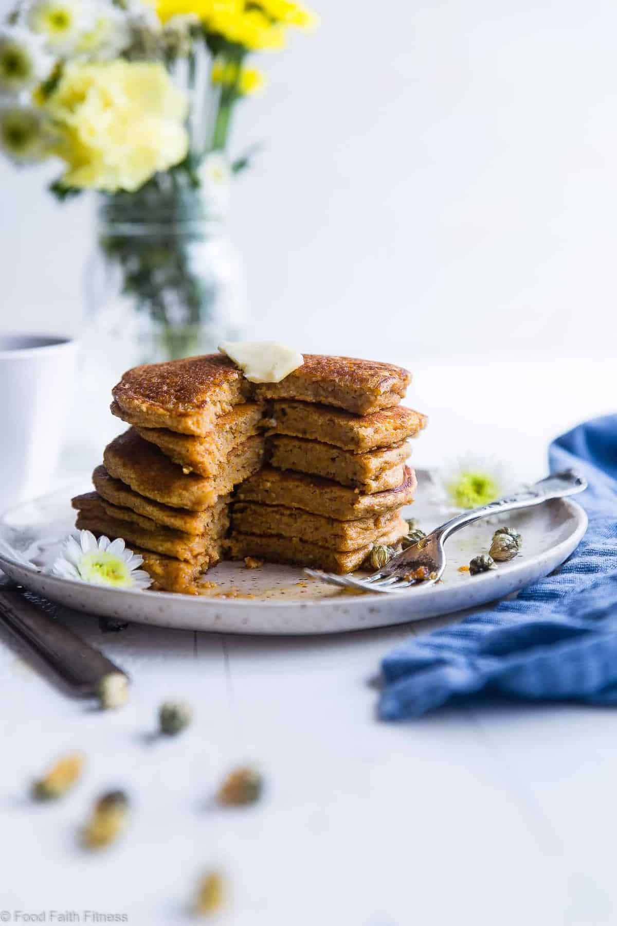 Healthy Gluten Free Paleo Sweet Potato Pancakes - SO fluffy and tender that you won't believe they're made without butter or oil! Perfect for a healthy breakfast and freezes great for busy mornings! | #Foodfaithfitness | #Glutenfree #Paleo #Healthy #Dairyfree #Pancakes