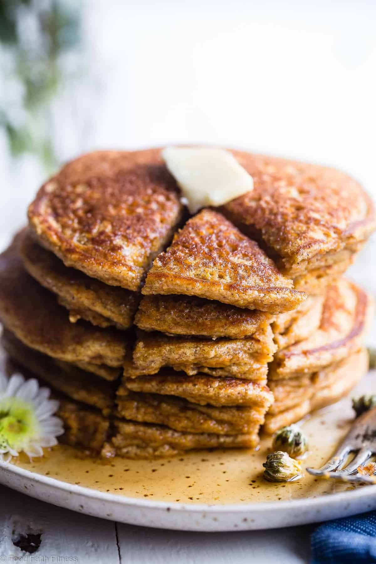 Gluten Free Paleo Sweet Potato Pancakes - SO fluffy and tender that you won't believe they're made without butter or oil! Perfect for a healthy breakfast and freezes great for busy mornings! | #Foodfaithfitness | #Glutenfree #Paleo #Healthy #Dairyfree #Pancakes