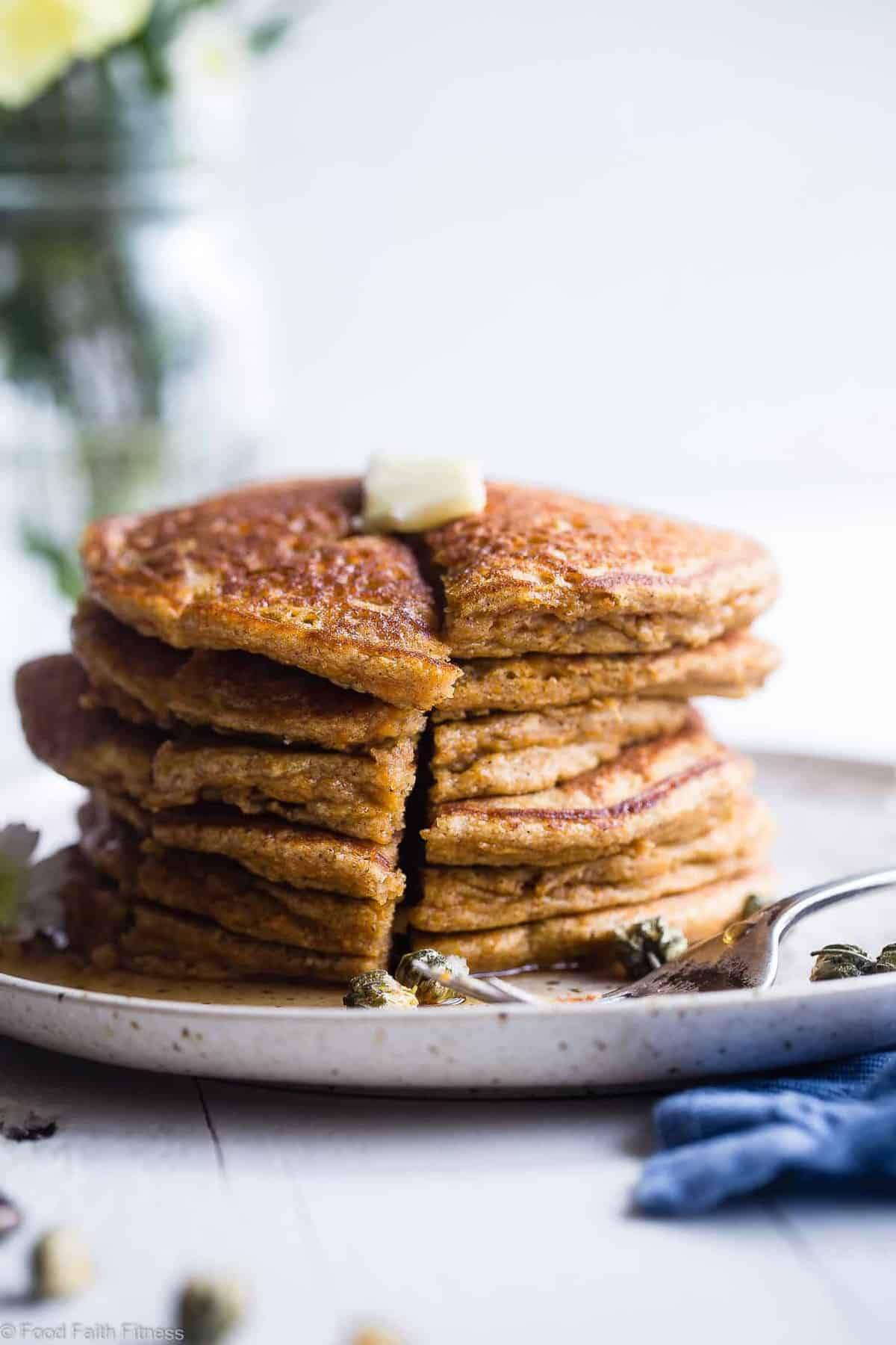 Healthy Gluten Free Paleo Sweet Potato Pancakes - SO fluffy and tender that you won't believe they're made without butter or oil! Perfect for a healthy breakfast and freezes great for busy mornings! | #Foodfaithfitness | #Glutenfree #Paleo #Healthy #Dairyfree #Pancakes