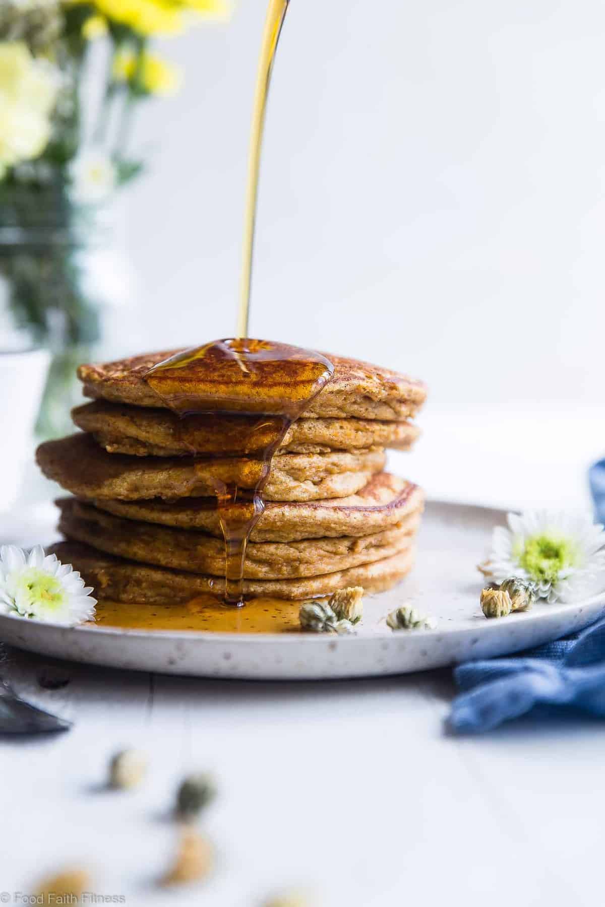 Gluten Free Paleo Sweet Potato Pancakes - SO fluffy and tender that you won't believe they're made without butter or oil! Perfect for a healthy breakfast and freezes great for busy mornings! | #Foodfaithfitness | #Glutenfree #Paleo #Healthy #Dairyfree #Pancakes