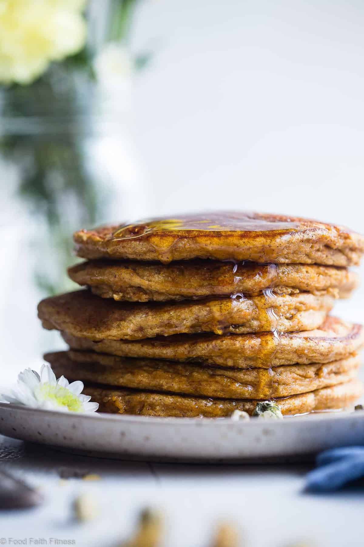 Gluten Free Paleo Sweet Potato Pancakes - SO fluffy and tender that you won't believe they're made without butter or oil! Perfect for a healthy breakfast and freezes great for busy mornings! | #Foodfaithfitness | #Glutenfree #Paleo #Healthy #Dairyfree #Pancakes