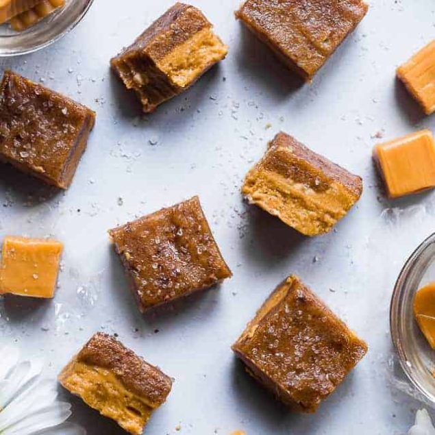 Salted Date Caramel Cashew Freezer Fudge - This easy, CREAMY, sugar free vegan fudge is topped with a salted date caramel and made in the freezer!  No candy thermometer needed! Gluten free, grain free and paleo friendly too! | | #Foodfaithfitness | #Paleo #Vegan #Sugarfree #Glutenfree #Healthy
