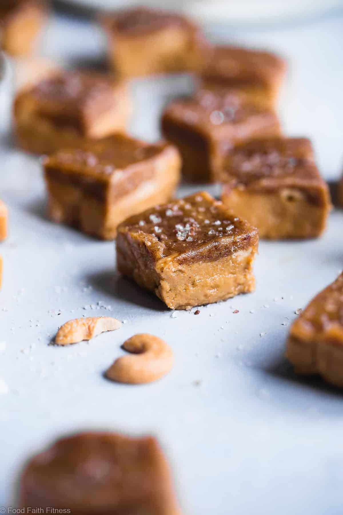 Salted Date Caramel Cashew Freezer Fudge - This easy, CREAMY, sugar free vegan fudge is topped with a salted date caramel and made in the freezer!  No candy thermometer needed! Gluten free, grain free and paleo friendly too! | | #Foodfaithfitness | #Paleo #Vegan #Sugarfree #Glutenfree #Healthy